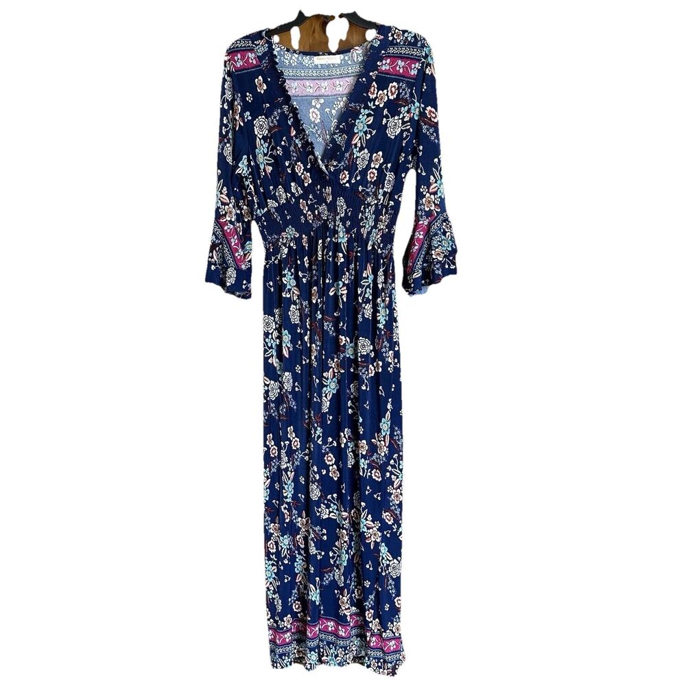 Seven Islands Maxi Dress Lg Blue Elastic Babydoll Smocked Waist Boho Floral